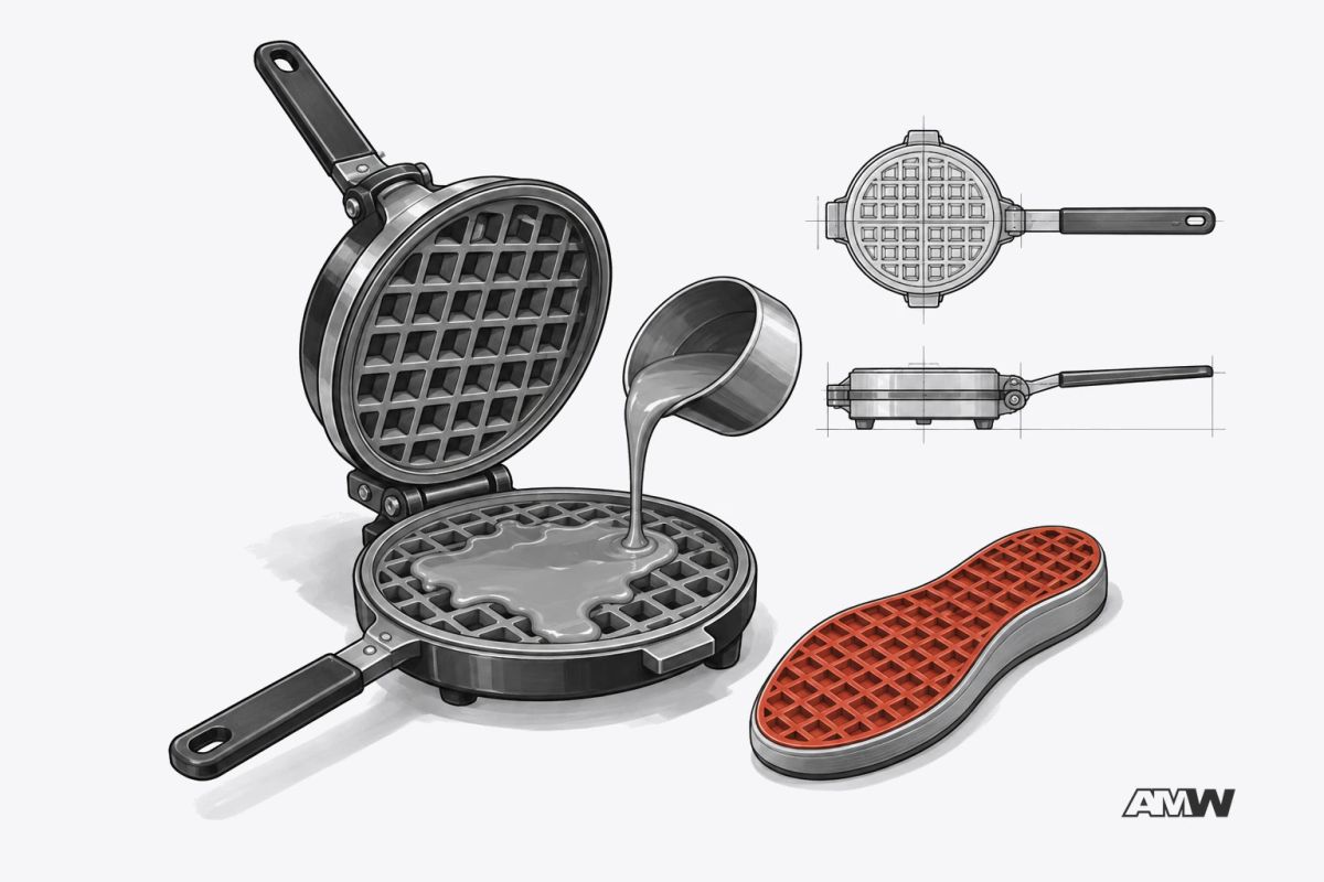 Line drawing of a waffle iron pressing a running shoe's textured rubber sole.