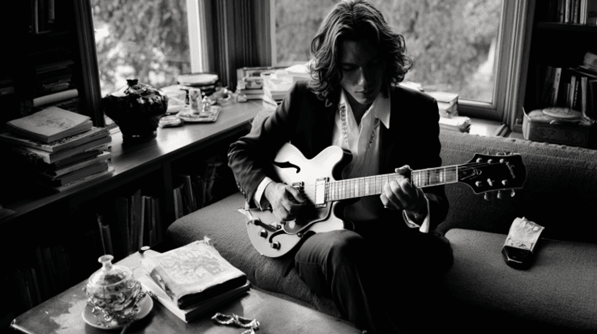 Person playing electric guitar in a cozy room.