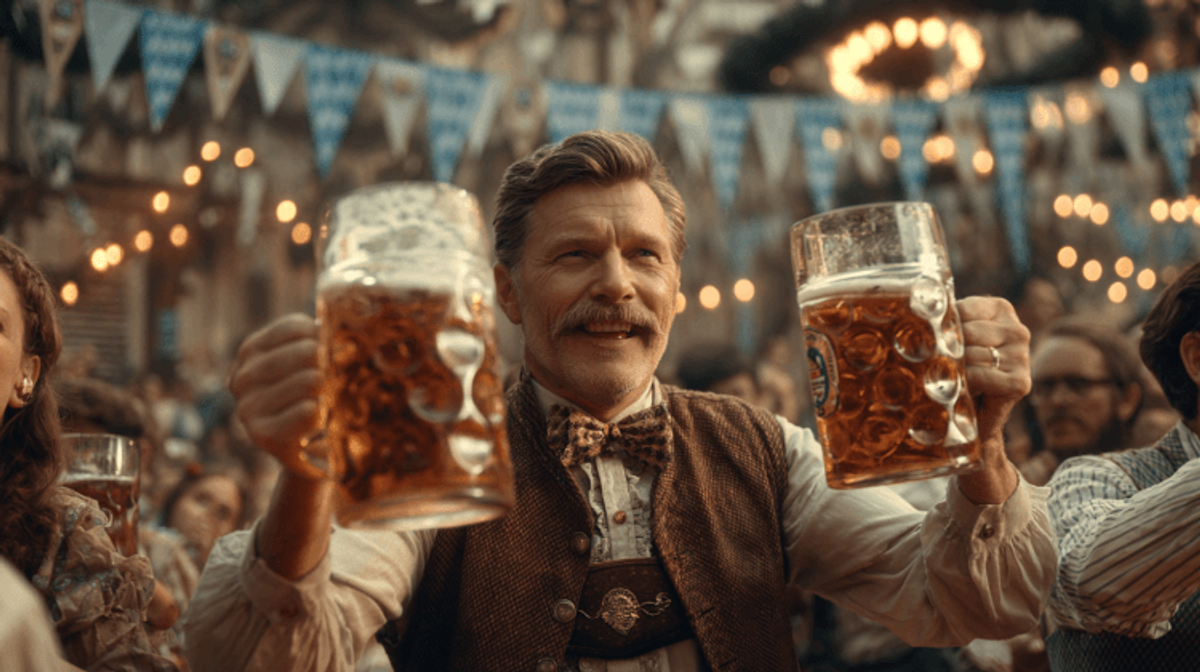 Man celebrates Oktoberfest with two large beer mugs.
