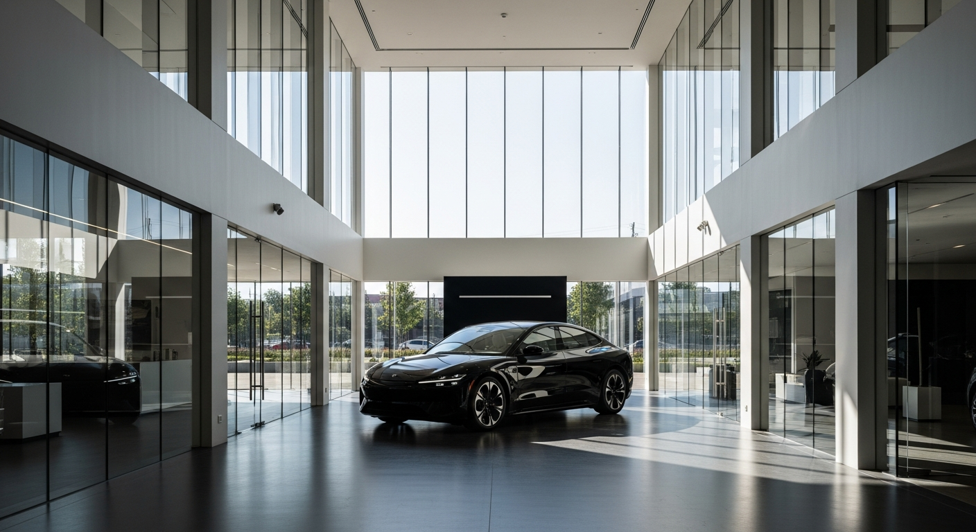 Luxury automotive showroom with matte black electric vehicle and floor-to-ceiling glass walls