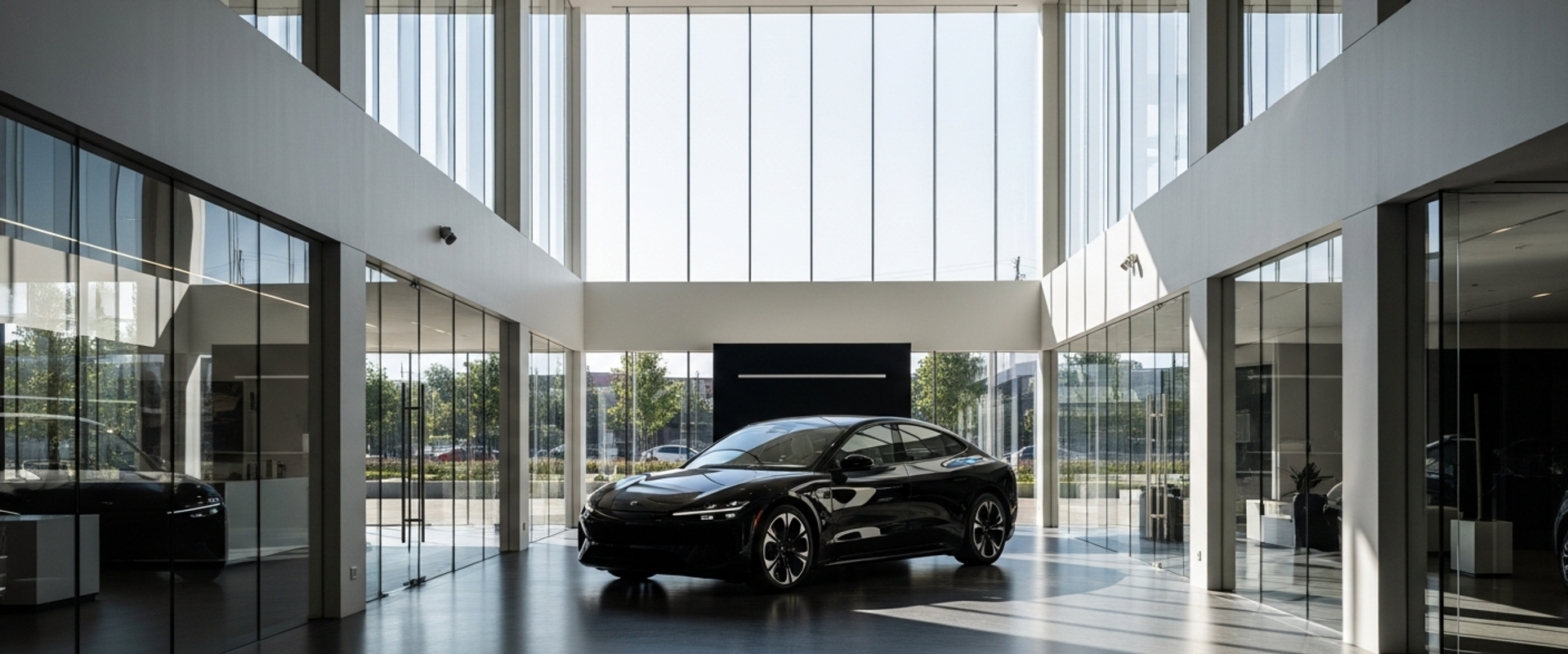 Luxury automotive showroom with matte black electric vehicle and floor-to-ceiling glass walls