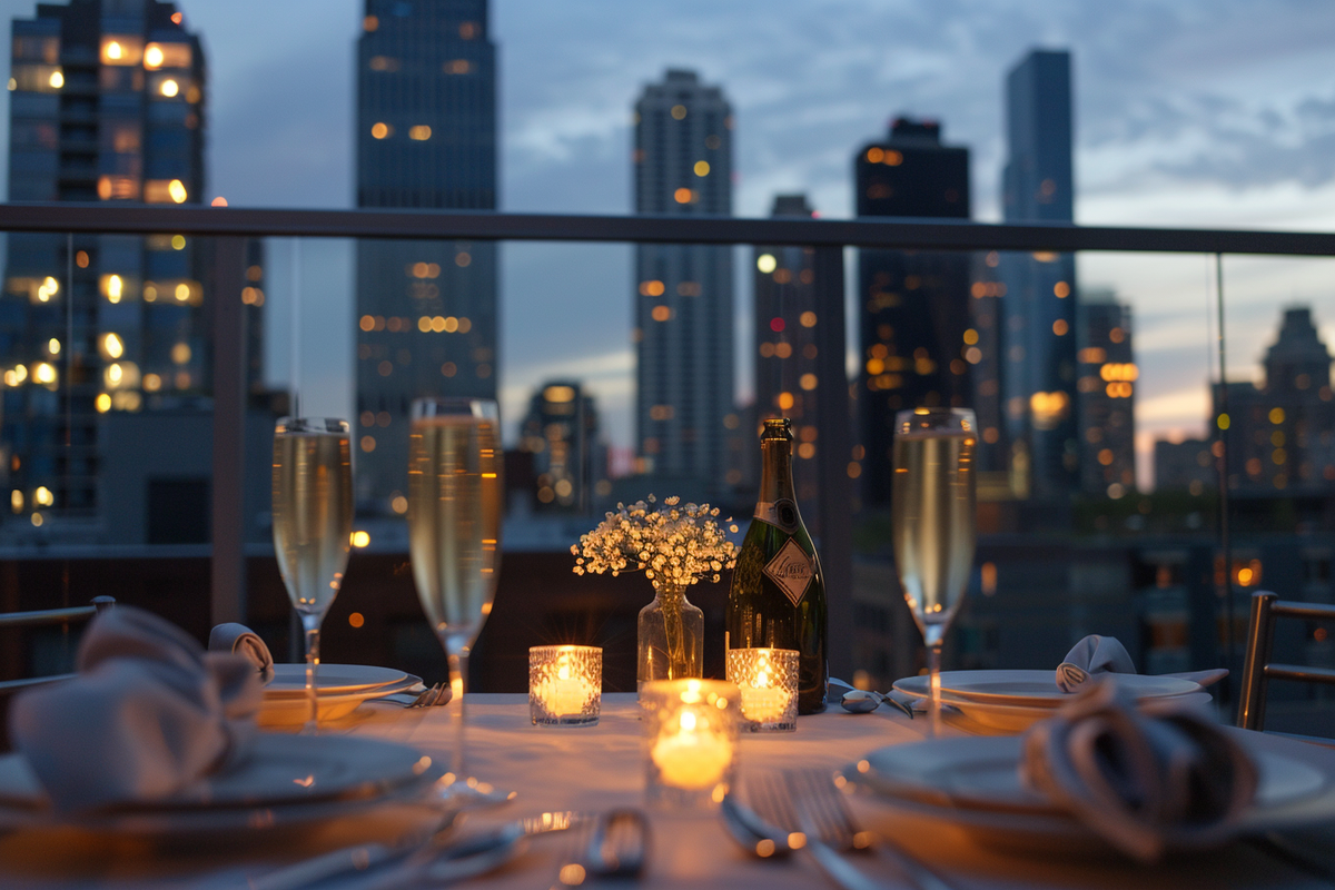 Romantic rooftop dinner with city skyline view