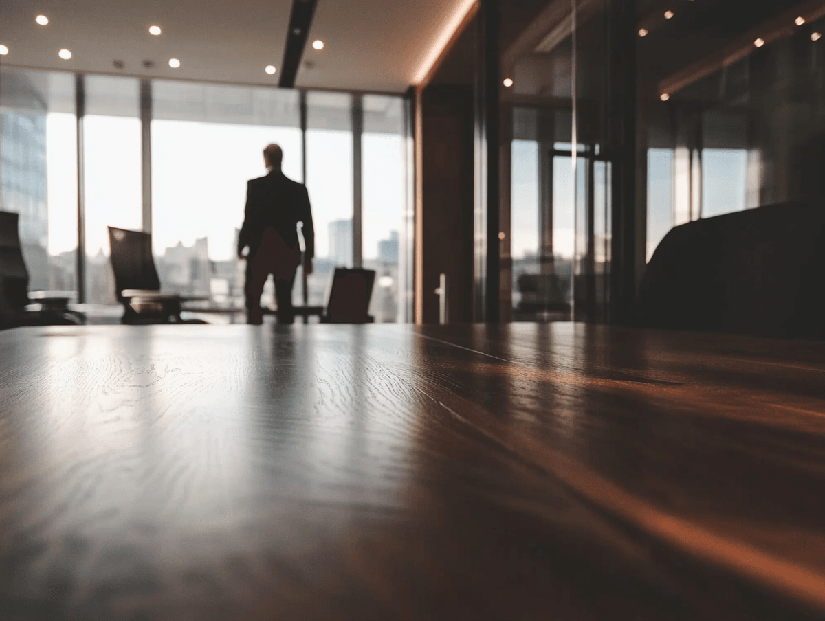A long dark boardroom table in the foreground, with a person in a suit standing at floor to ceiling windows looking out over a city