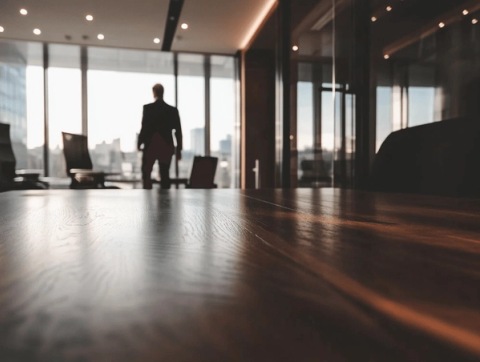 A long dark boardroom table in the foreground, with a person in a suit standing at floor to ceiling windows looking out over a city