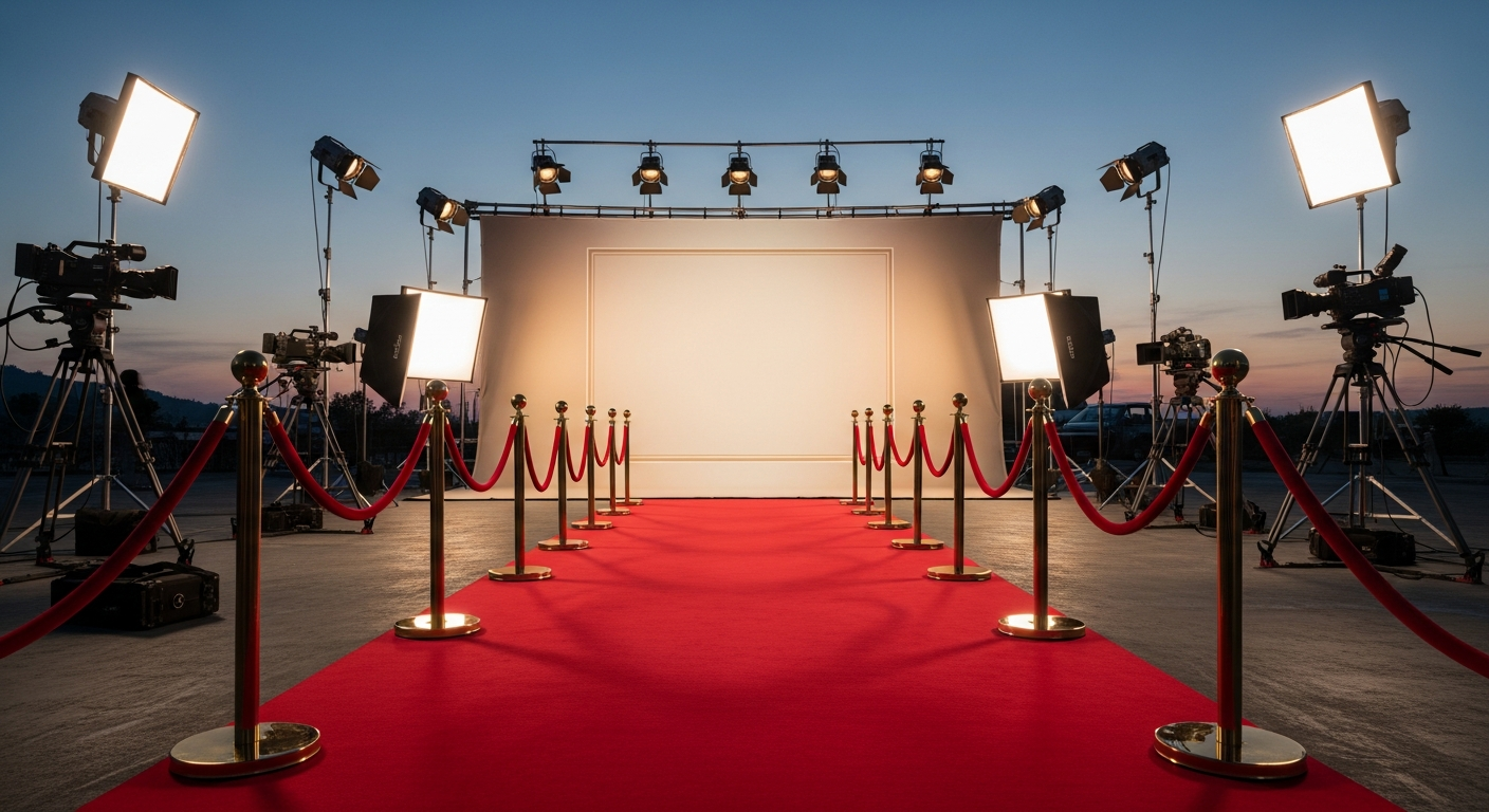 Elegant film premiere red carpet setup with professional lighting and press backdrop
