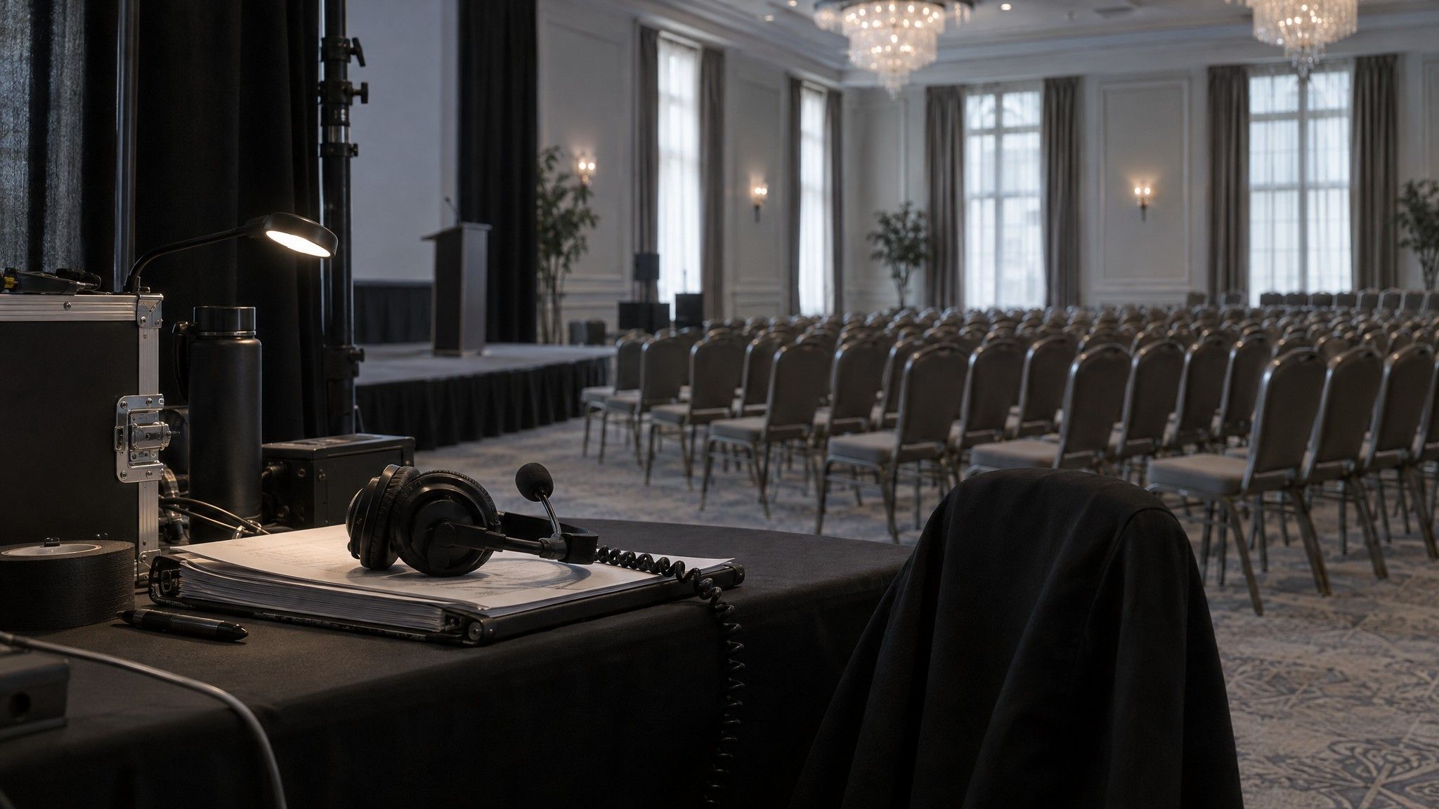 Stage manager's desk with a coiled headset beside an empty ballroom