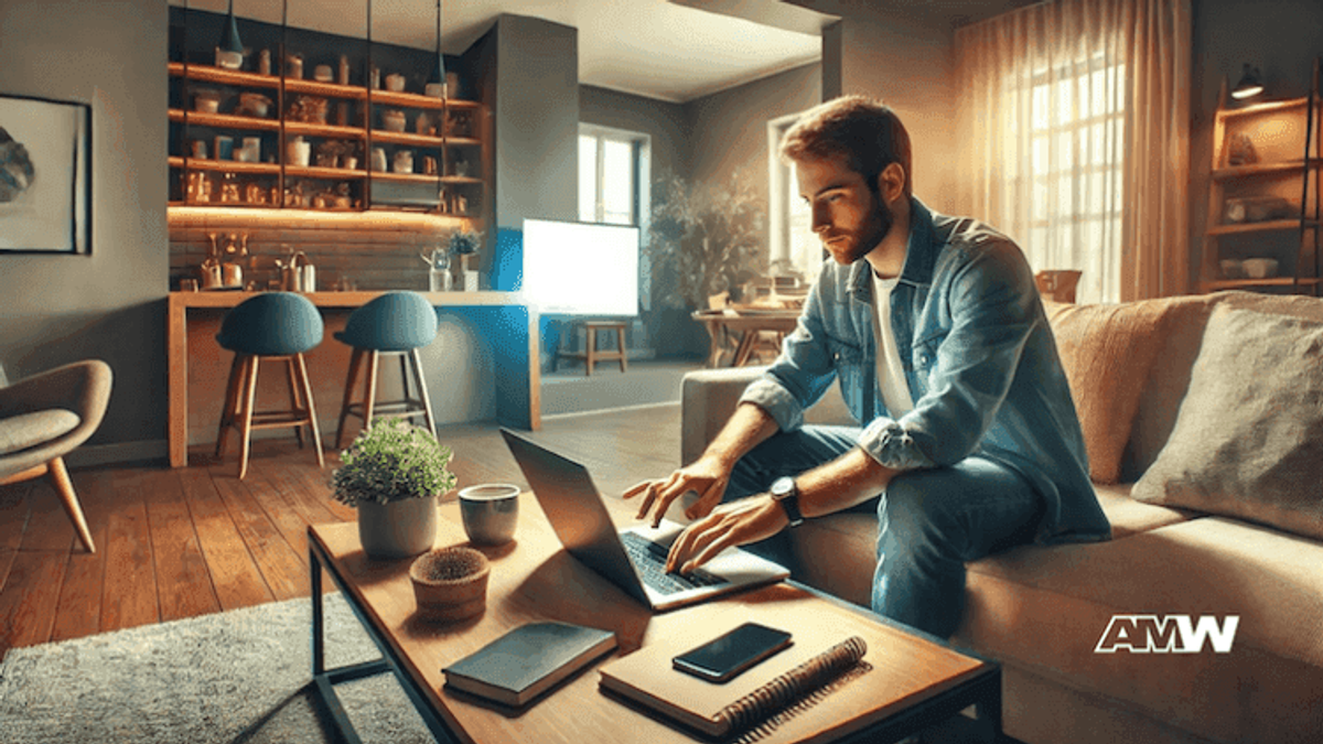 Person working on laptop in cozy living room.