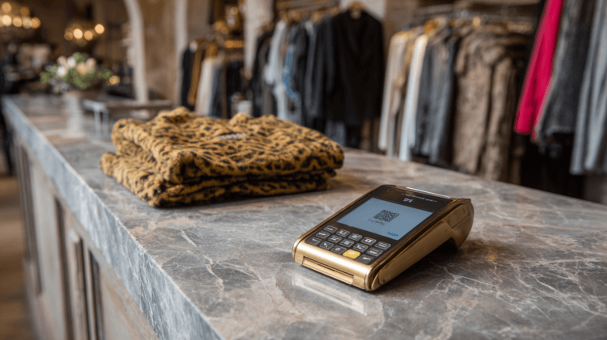 Retail counter with card reader and folded sweater