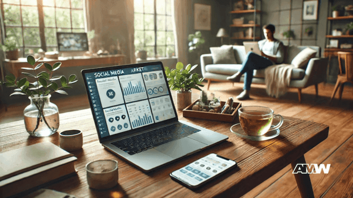 Cozy home office with social media analytics displayed