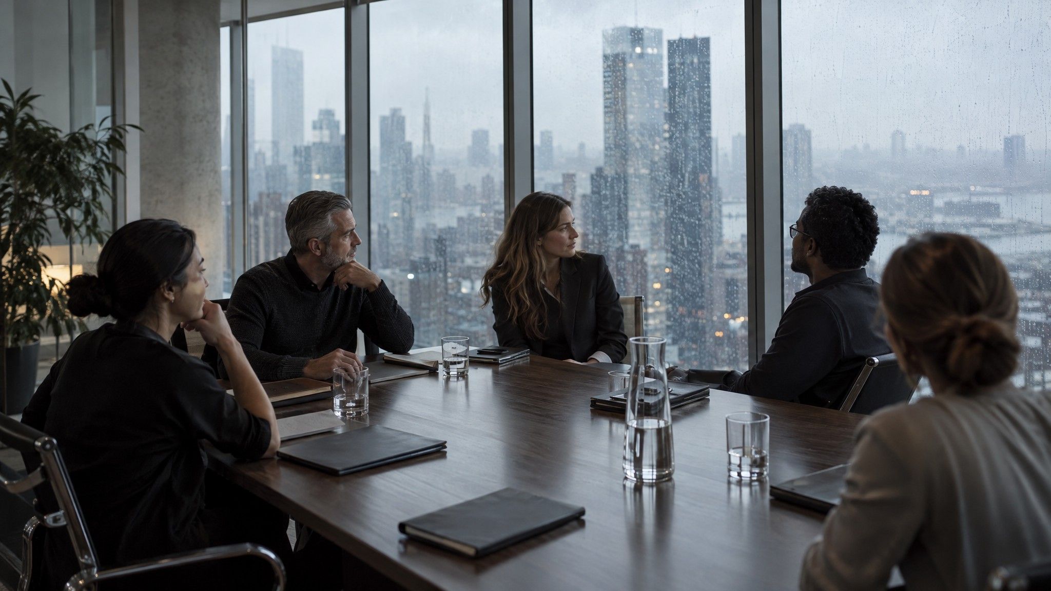 Glass meeting room with water carafe and rain on the windows