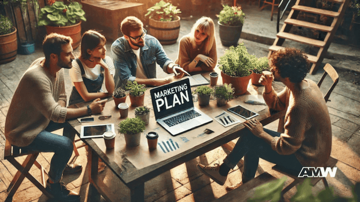 Team discussing marketing plan at outdoor meeting.