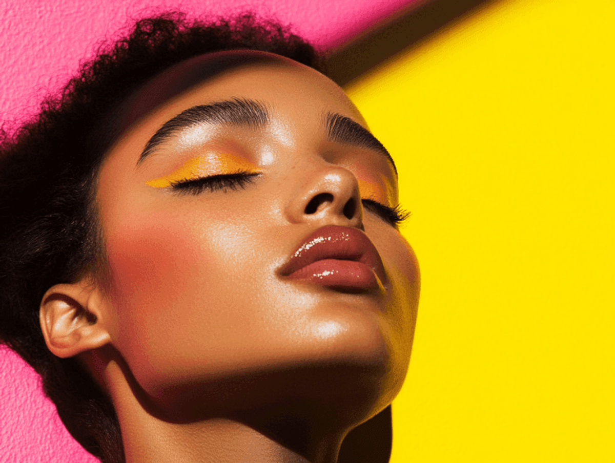 Woman with vibrant makeup against colorful background.