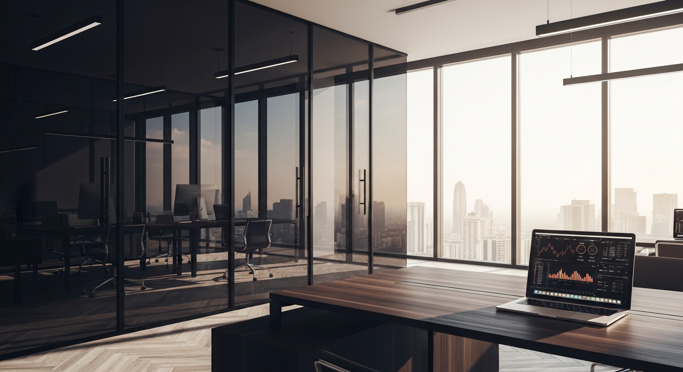 Modern fintech office with city skyline view — best fintech content marketing agencies