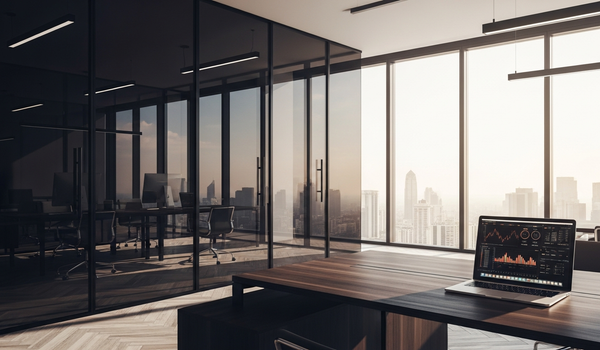 Modern fintech office with city skyline view — best fintech content marketing agencies