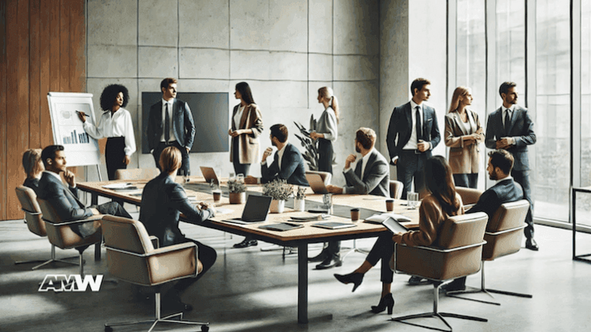 Business meeting with diverse team in conference room.