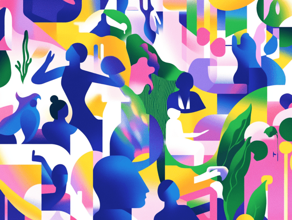 Colorful abstract illustration with human silhouettes.