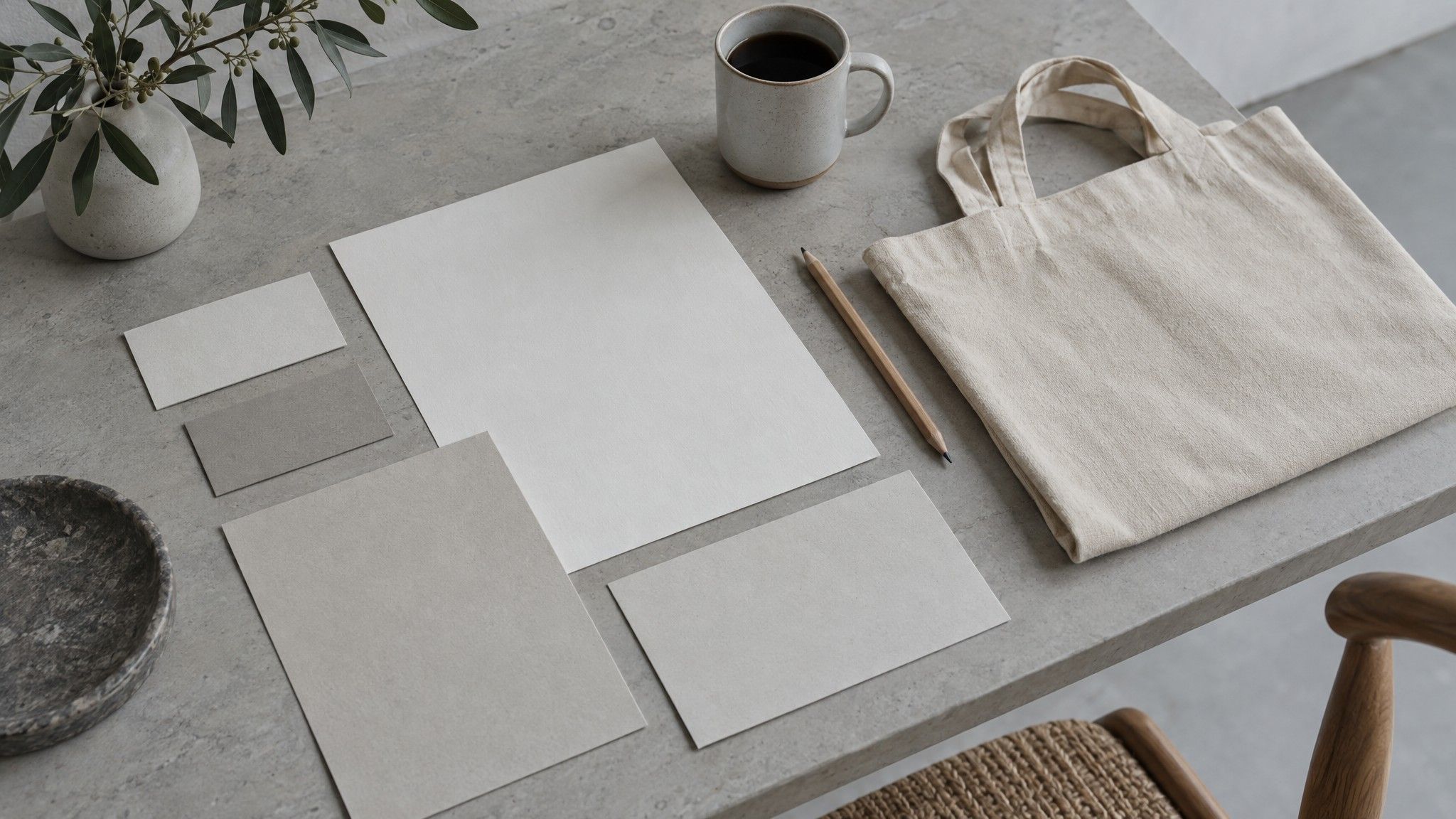 Unmarked brand materials laid flat on a studio table