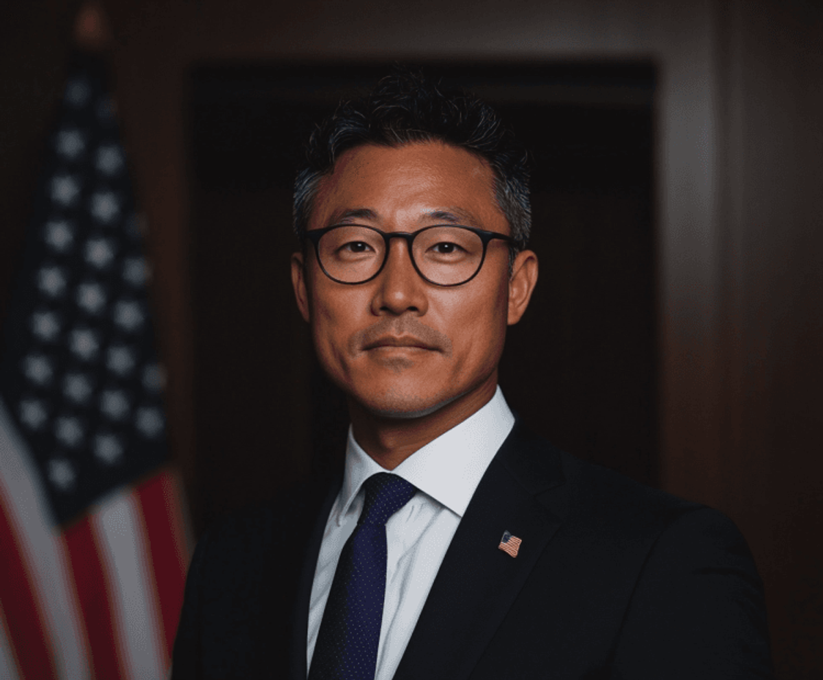 Man in suit with American flag background