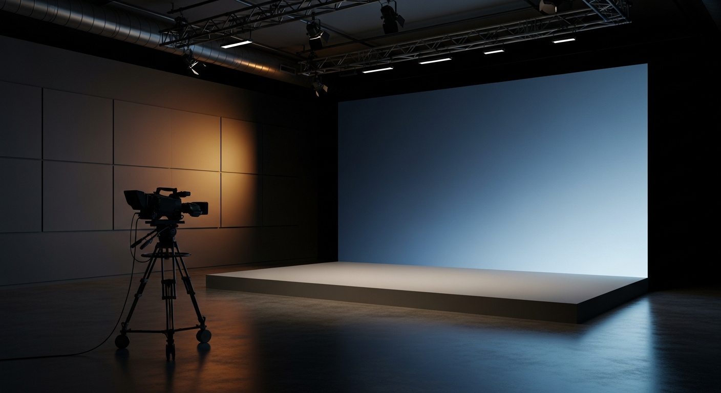 Professional virtual event broadcast studio with LED backdrop and camera