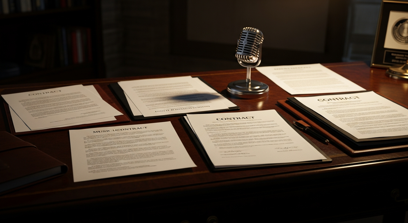 Music licensing strategy documents in professional office setting