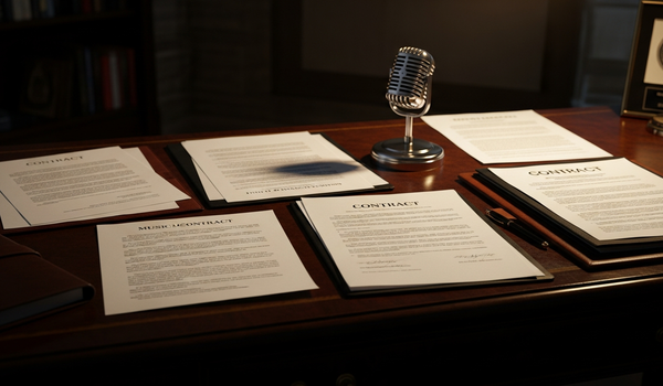 Music licensing strategy documents in professional office setting