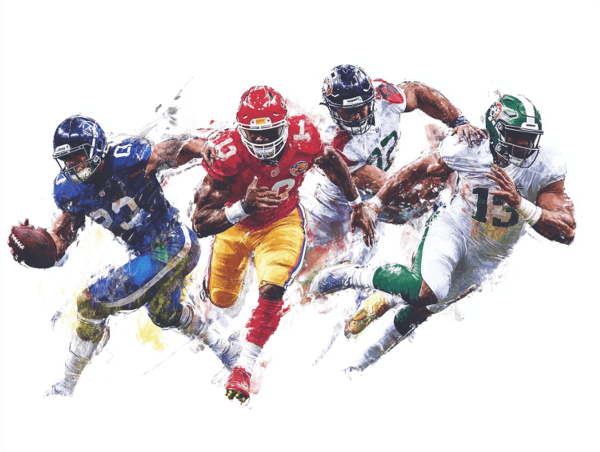 Four football players in dynamic watercolor style.