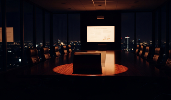 Dark venture capital boardroom with dramatic lighting at night