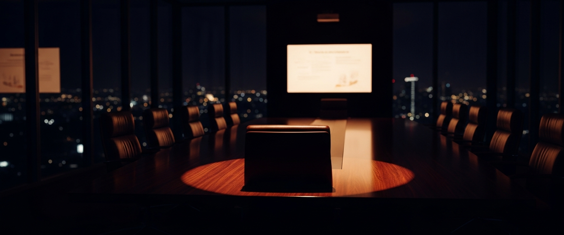 Dark venture capital boardroom with dramatic lighting at night