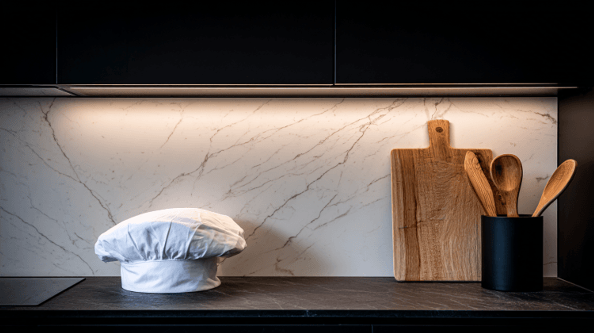 Chef hat, cutting board, and spoons on kitchen counter.