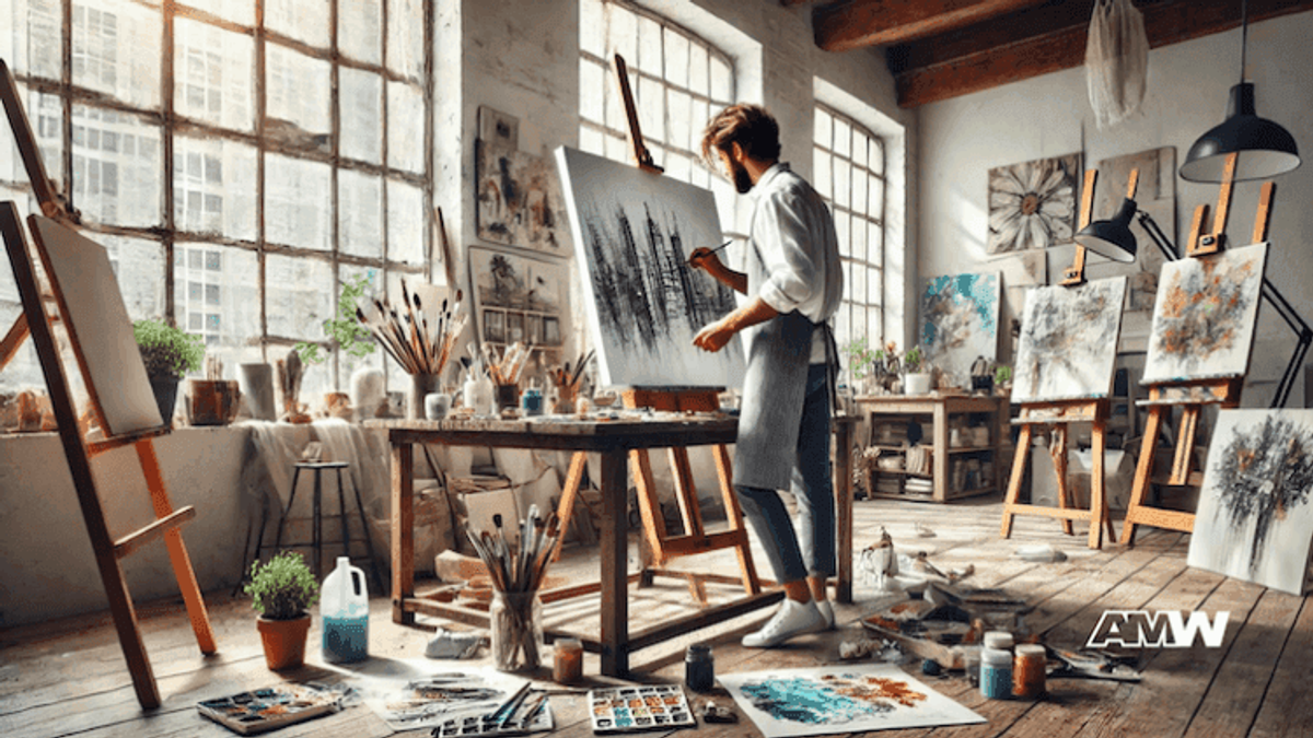 Artist painting in a bright studio.