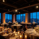Elegant corporate event venue with warm ambient lighting and city skyline at twilight