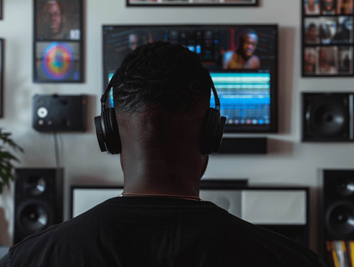 Person wearing headphones, editing audio on computer