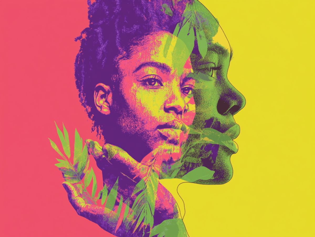 Colorful double exposure of woman with leaves