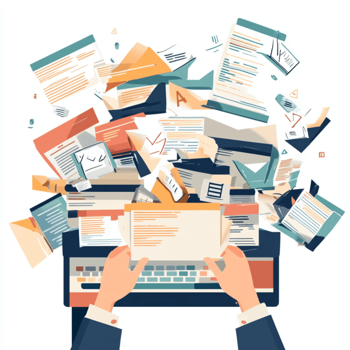 Hands typing surrounded by flying papers.