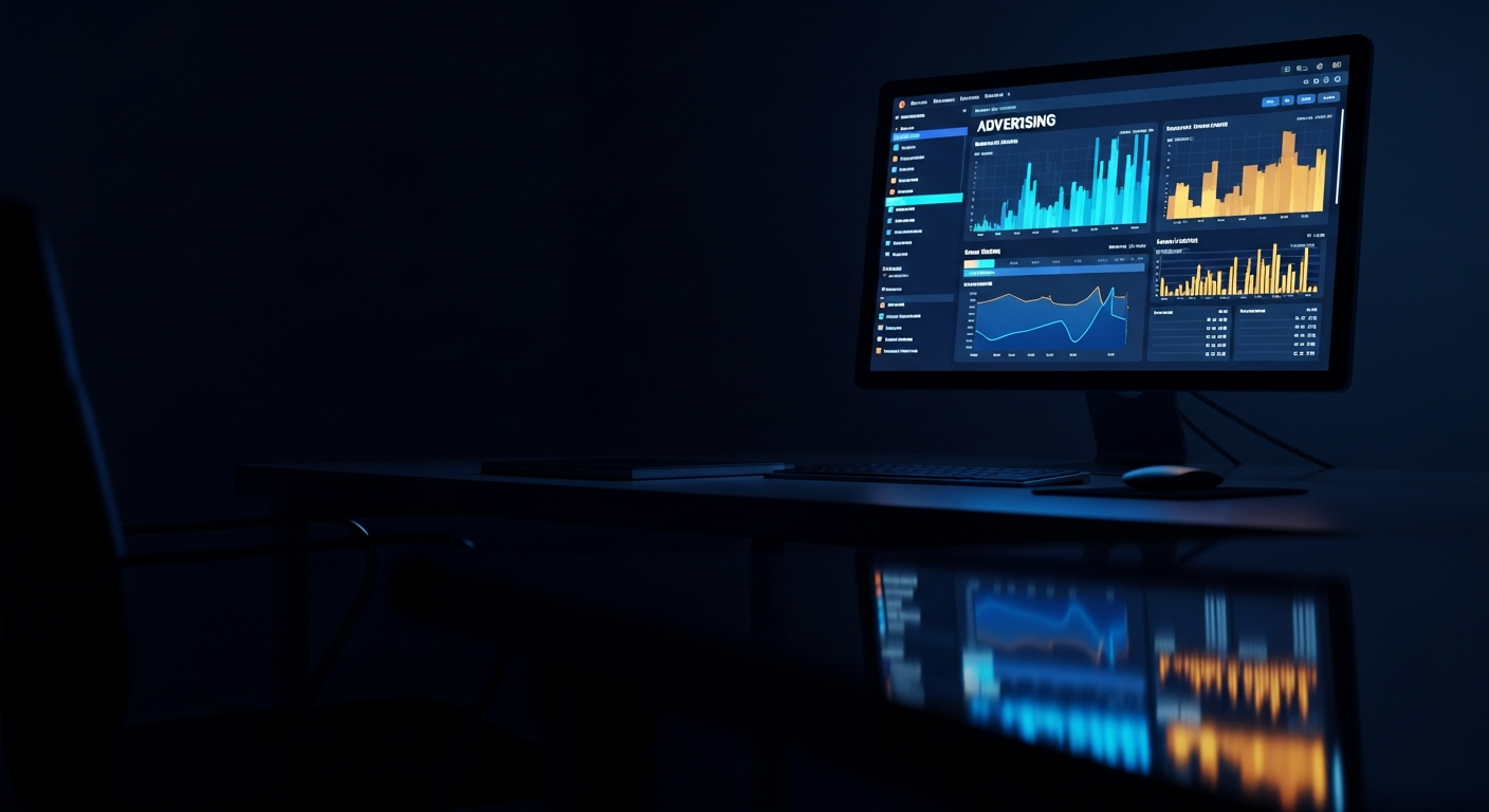 Digital advertising dashboard glowing on a monitor in a sleek dark workspace
