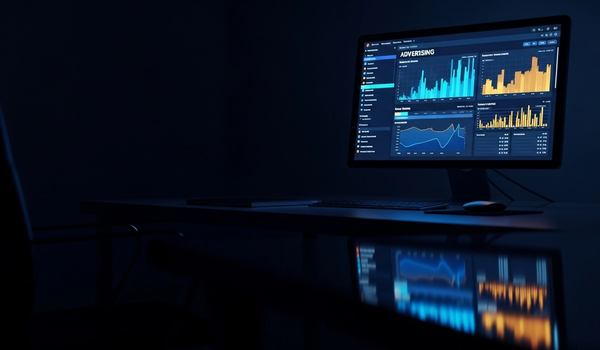 Digital advertising dashboard glowing on a monitor in a sleek dark workspace