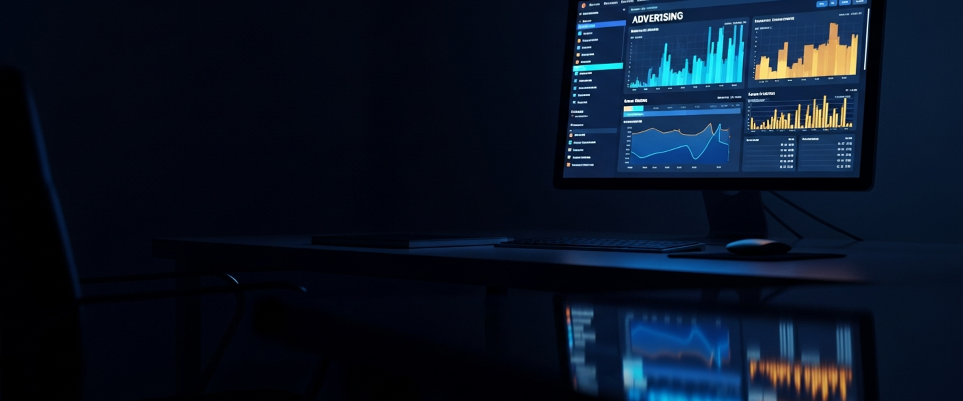 Digital advertising dashboard glowing on a monitor in a sleek dark workspace