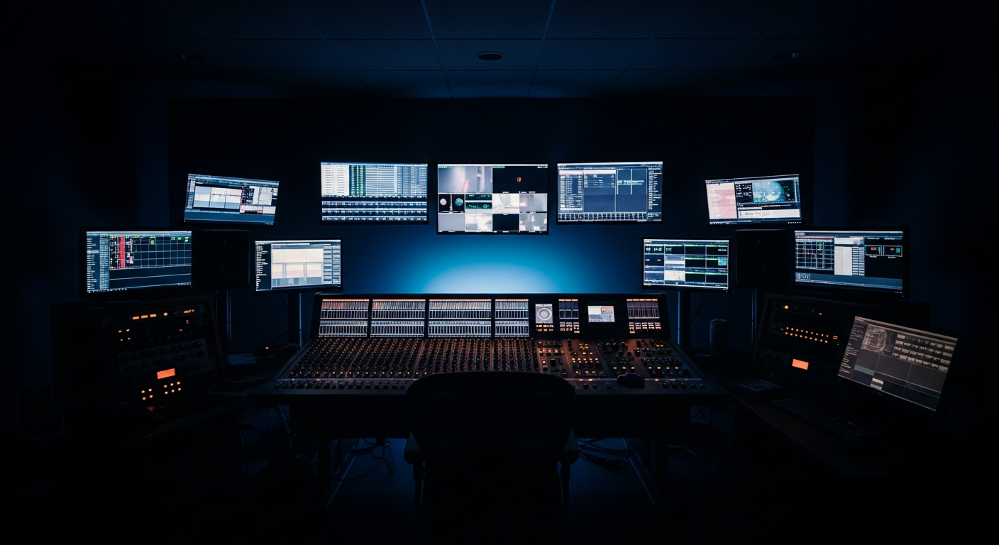 Film production control room with glowing monitors in darkness