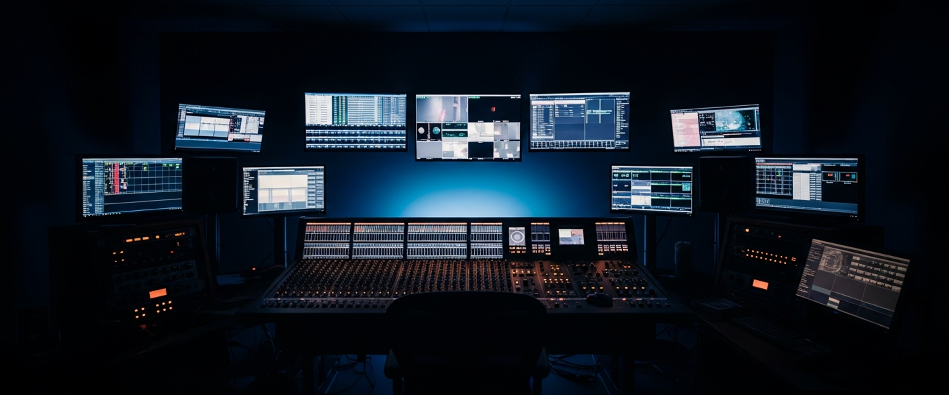Film production control room with glowing monitors in darkness