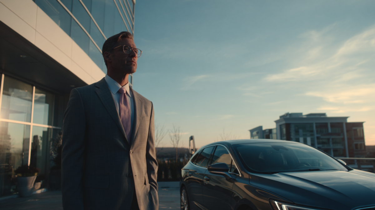 Businessman in suit beside car at sunset.