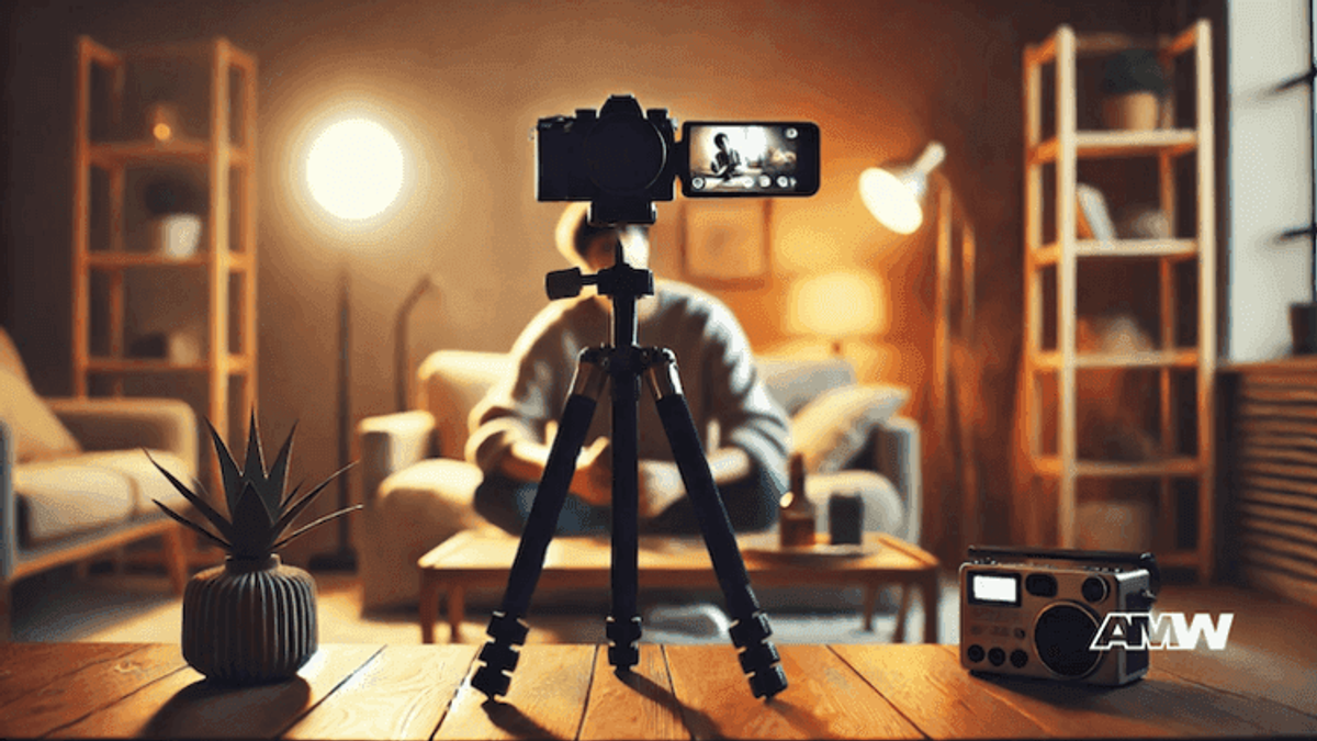 Person recording podcast with camera and retro radio