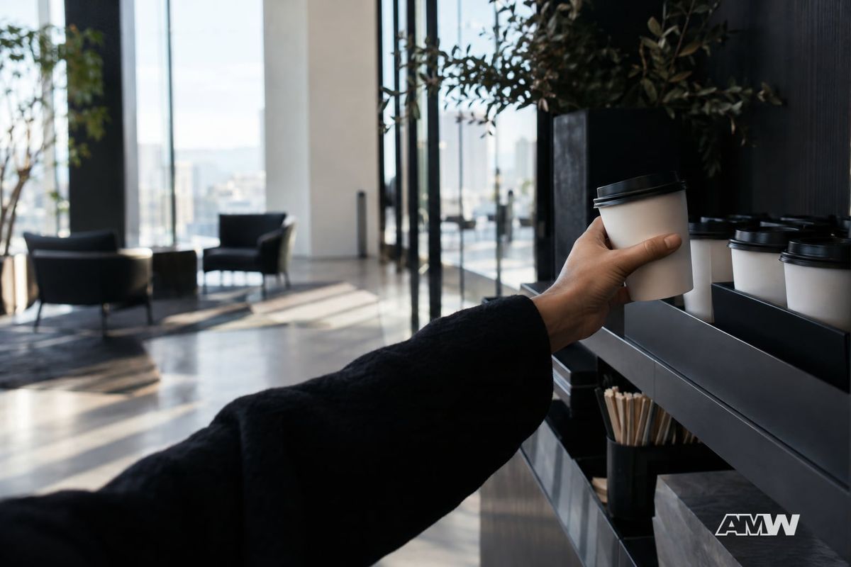 A hand reaches to take a lidded white paper coffee cup from a modern cafe pickup station.