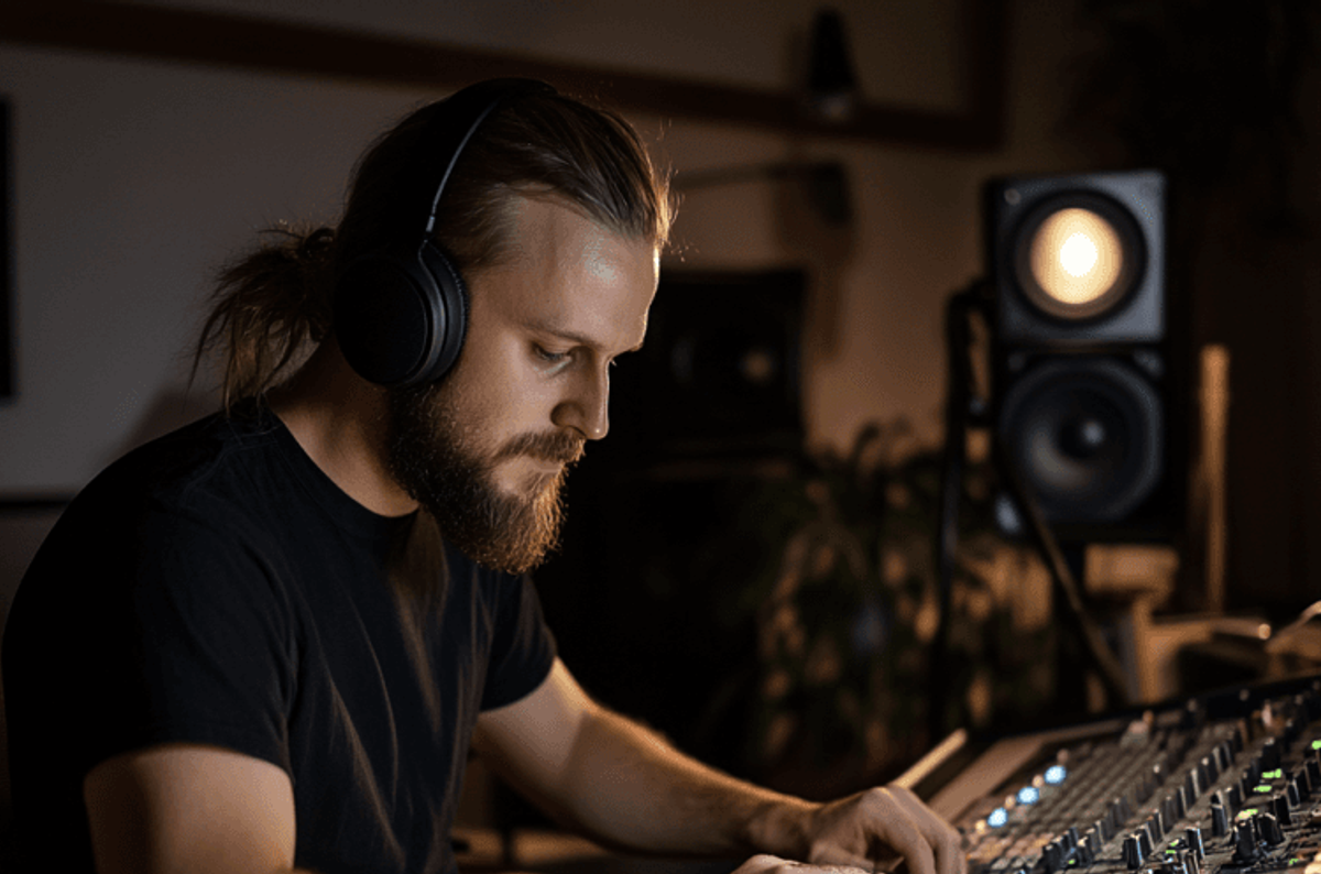 Sound engineer mixing music on audio console.