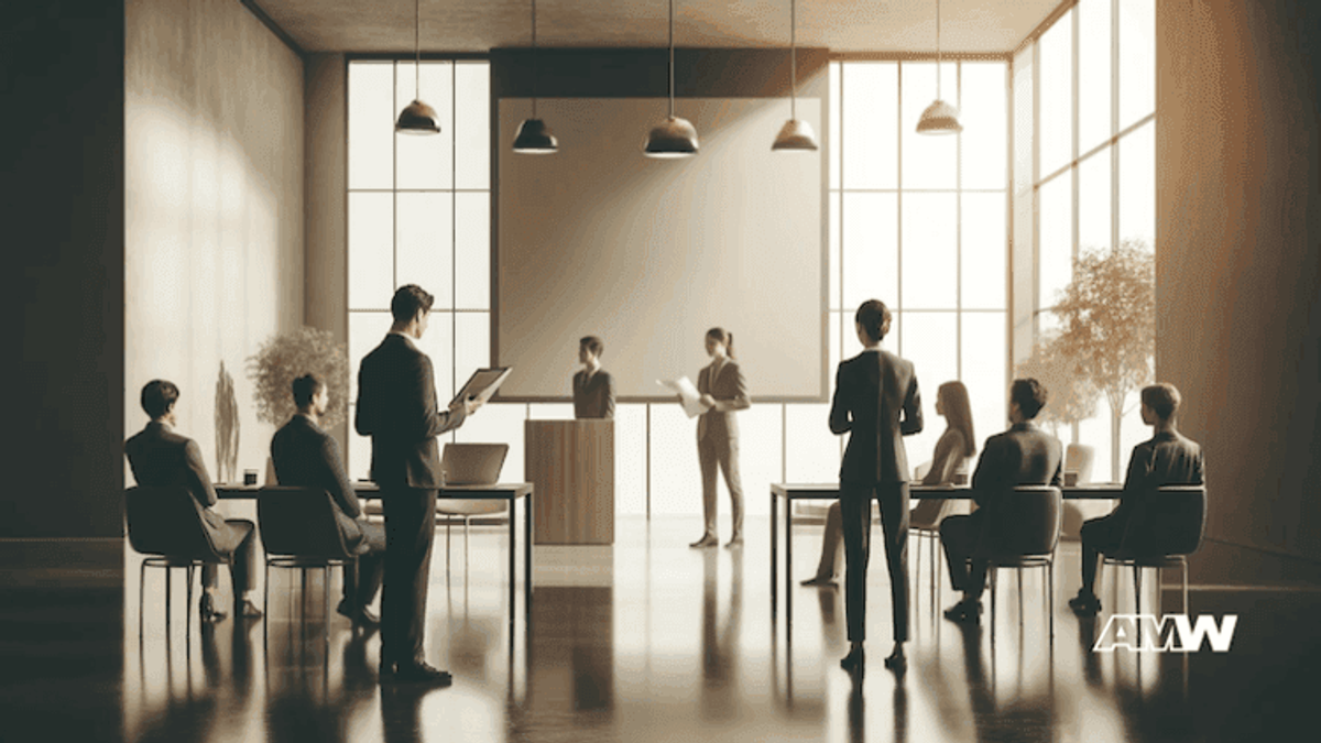 Business meeting in modern conference room with people