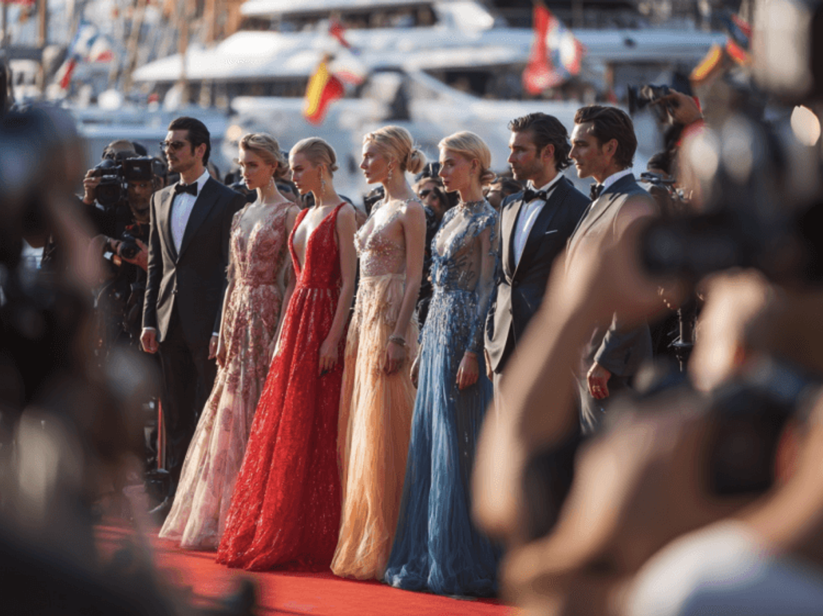 Elegant group on red carpet at film event.