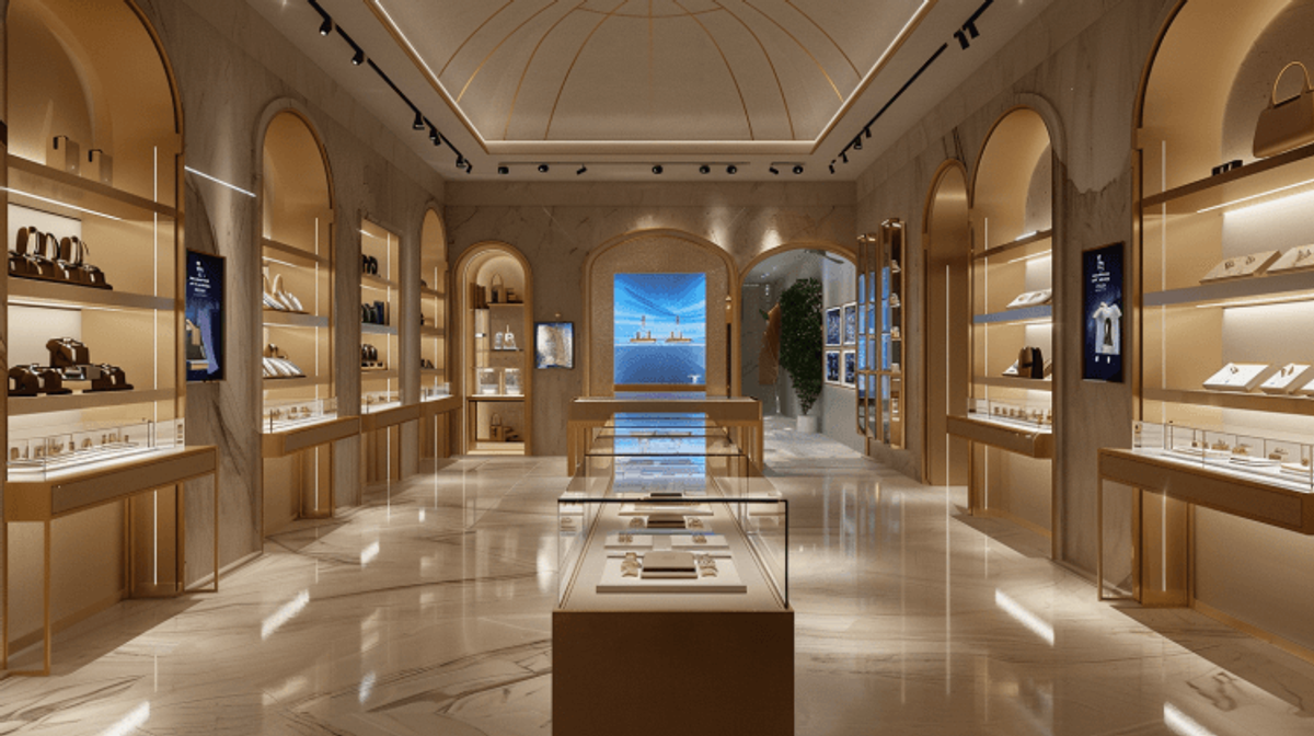 Luxury store interior with elegant displays and lighting.