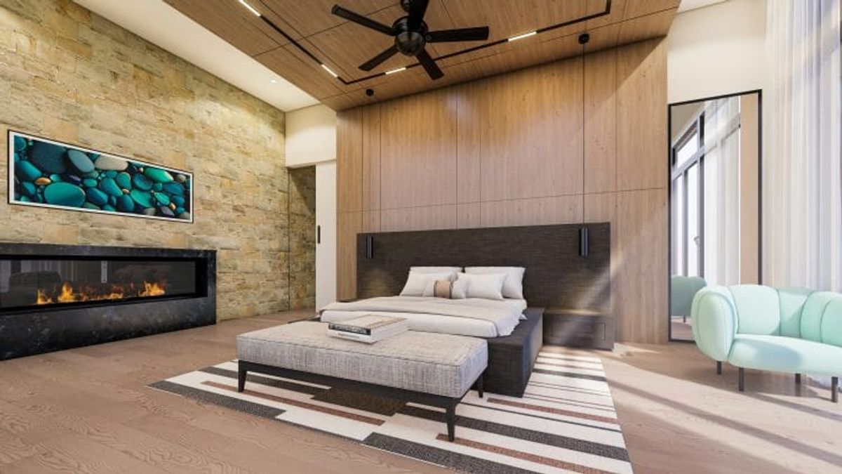 Modern bedroom with fireplace and stylish decor