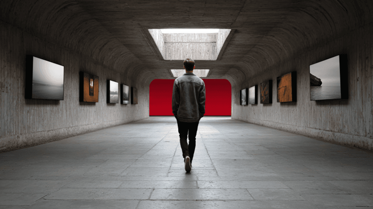 Person walks through modern art gallery tunnel.