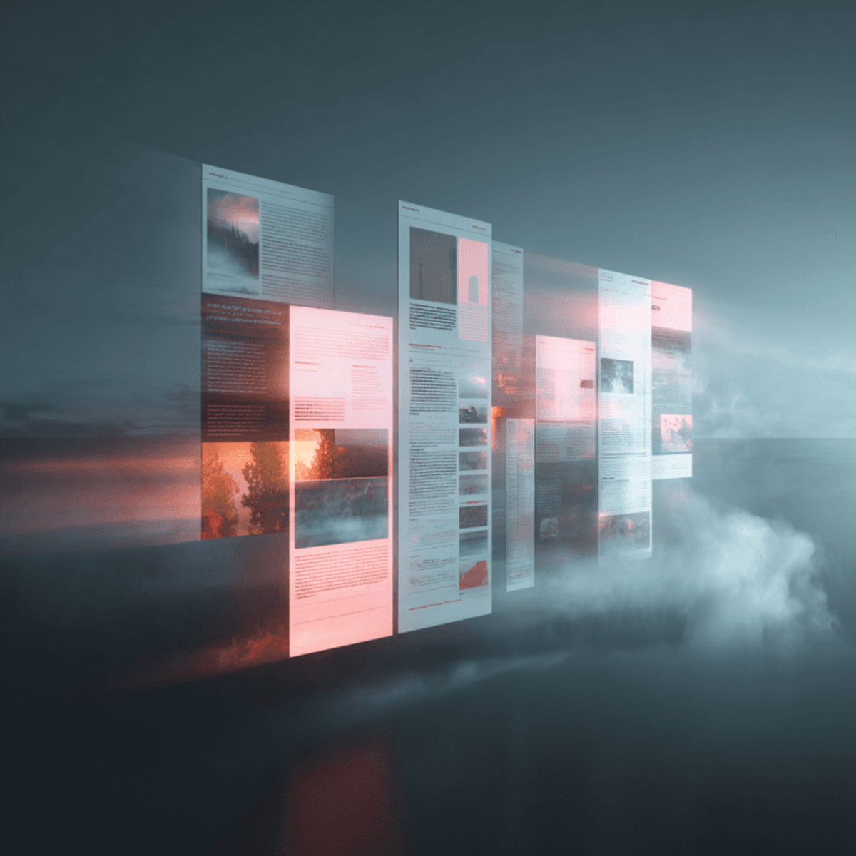 Digital articles floating in foggy, ethereal scene.