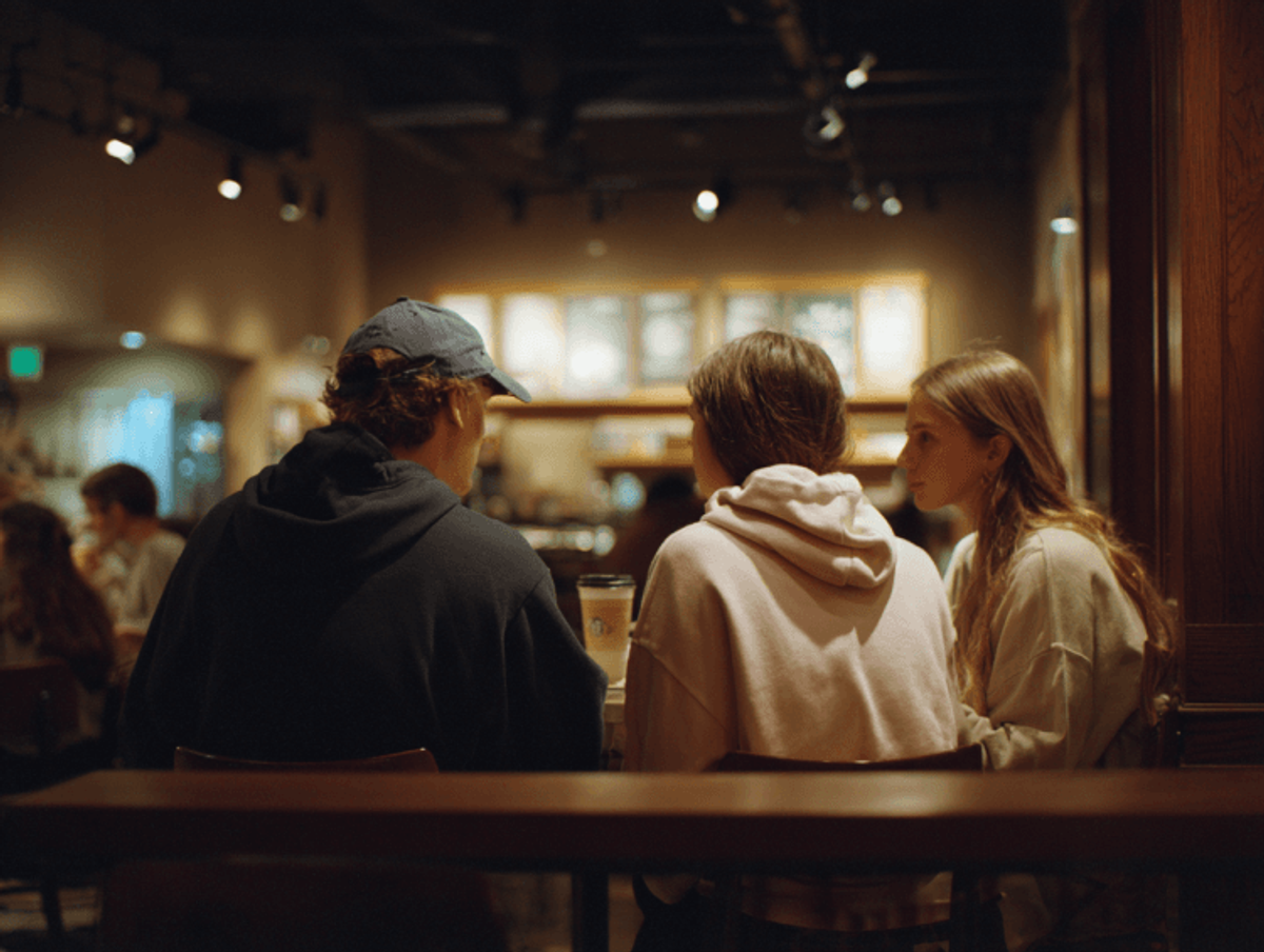 Three friends talking in a cozy coffee shop